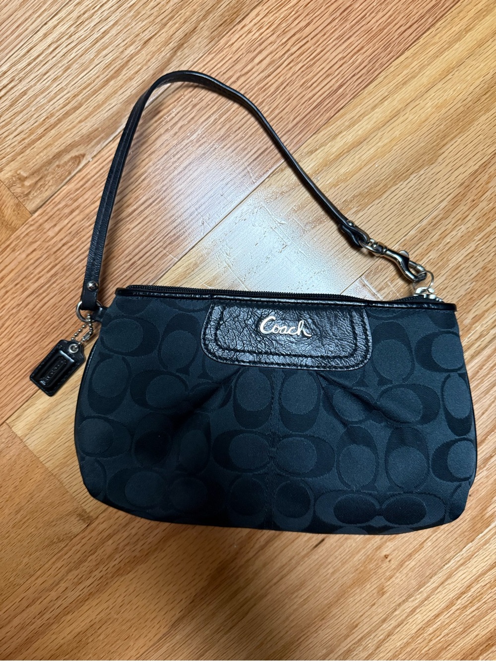 Coach Black Signature Wristlet with Leather Trim